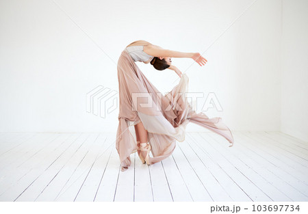 Her routine tells a story. Full length shot of an attractive young female ballerina practicing in her dance studio. Her routine tells a story. Full length shot of an attractive young female ballerina practicing in her dance studio. 103697734