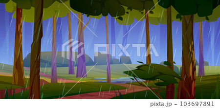 Rain weather in forest cartoon vector background 103697891