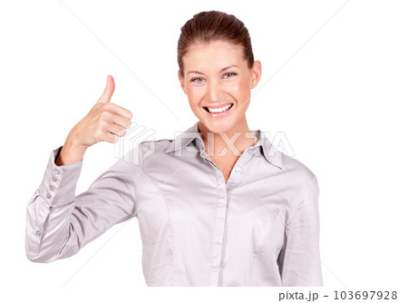 Happy woman, portrait and hand in thumbs up for achievement, success or winning against a white studio background. Female person with smile and showing thumb emoji, yes sign or like for approval 103697928