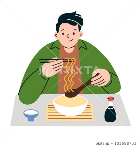 Man eating ramen at table, holding chopsticks and soup spoon, Asian noodles, vector hand drawn illustration of bowl with noodles, noodle soup, udon in Chinese restaurant, Korean or Japanese cuisine 103698733