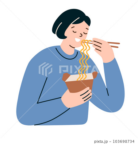 Woman eating ramen from container box, noodle soup icon, vector doodle illustration of Asian fast food, Chinese, Japanese or Korean cuisine, female cartoon character holding chopsticks, enjoying meal 103698734