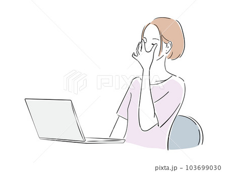 ノートパソコンでの作業で目が疲れて休む女性 103699030