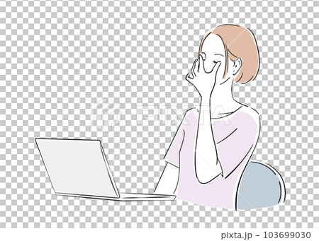 ノートパソコンでの作業で目が疲れて休む女性 103699030