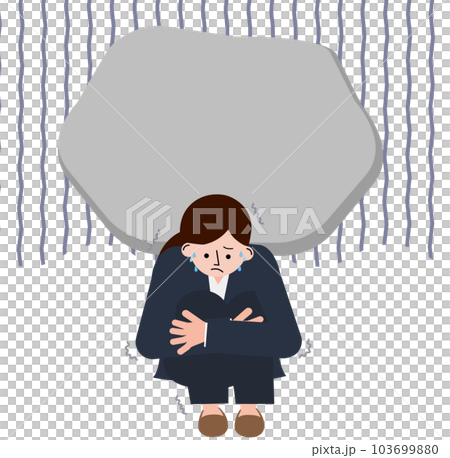 Illustration of a woman in a suit holding her knees with anxiety 103699880