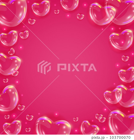Glossy rainbow soap bubble hearts background. Realistic transparent 3d hearts  103700070
