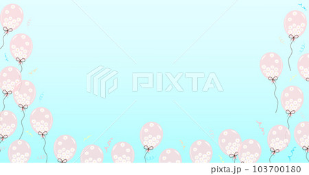 Pastel blue background with pink balloons full of daisies and confetti. Pastel blue background with pink balloons full of daisies and confetti. 103700180