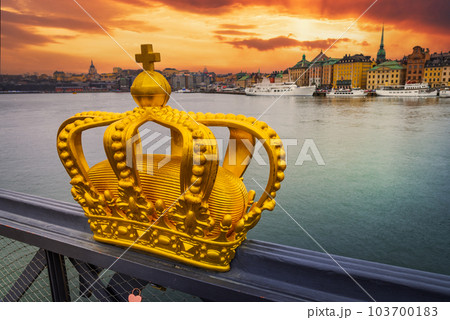 Stockholm, Sweden. Skeppsholm Bridge and the Golden Crown. 103700183