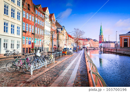 Copenhagen, Denmark. Slotsholmskanalen, historic canal with architectural water reflections Copenhagen, Denmark. Slotsholmskanalen, historic canal with architectural water reflections 103700196