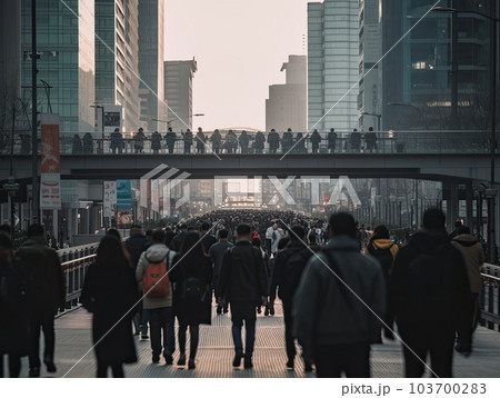 Generative AI illustration of crowded pedestrian street with many people in warm clothes walking along modern city district with skyscrapers and buildings 103700283