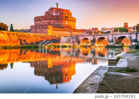 Rome, Italy. Castel Sant'Angelo and Ponte Aelius water reflection Tiber River. Rome, Italy. Castel Sant'Angelo and Ponte Aelius water reflection Tiber River. 103700293