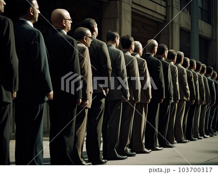 Generative AI illustration of confident men in formal suits standing in line together while waiting for business conference on city street 103700317
