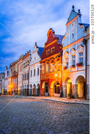 Telc, Czech Republic. Baroque architecture downtown of historical city, Hradce Square, world heritage in Moravia. Telc, Czech Republic. Baroque architecture downtown of historical city, Hradce Square, world heritage in Moravia. 103700329