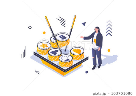 Social media concept in 3d isometric design. Woman blogging online, taking sushi and collecting likes hands, comments and new followers. Vector illustration with isometric people scene for web graphic 103701090