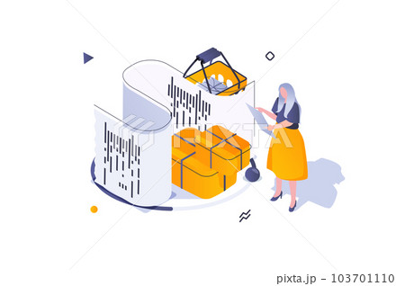 Online shopping concept in 3d isometric design. Woman buying new goods at store site, paying check and ordering delivery of boxes. Vector illustration with isometric people scene for web graphic 103701110