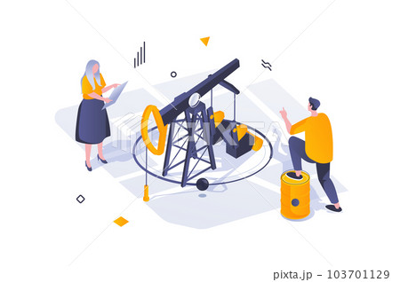 Oil Industry concept in 3d isometric design. Engineers work at oil production plant, check and control pump for extraction at station. Vector illustration with isometric people scene for web graphic 103701129