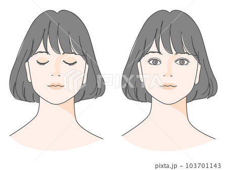 目を閉じた女性と目を開けた女性の顔 正面アップのイラストセット 黒髪 おかっぱ ショートボブ 103701143