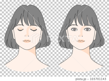 目を閉じた女性と目を開けた女性の顔 正面アップのイラストセット 黒髪 おかっぱ ショートボブ 103701143