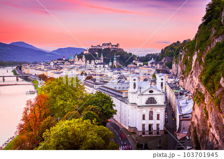 Salzburg, Austria. Sunset skyline of Festung Hohensalzburg, austrian scenic travel spot. 103701945