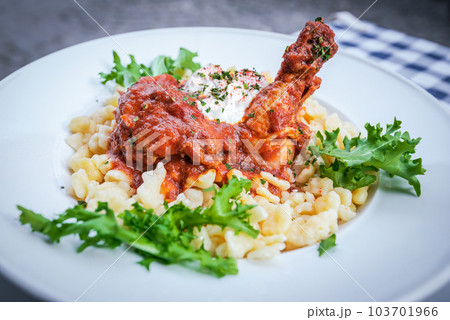 Hungarian traditional food in Szentendre, chicken paprika. 103701966