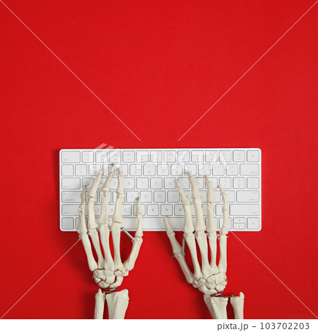 Human skeleton using computer keyboard on red background, top view. Space for text 103702203