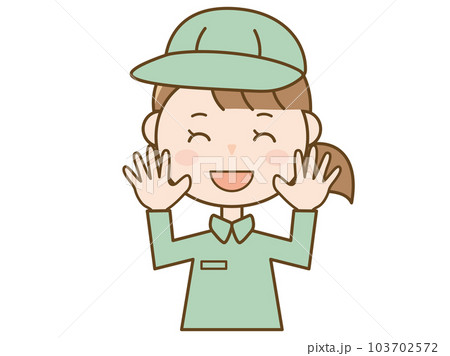 満面の笑みで両手を上げて挨拶をする作業服を着た女性作業員_配達員_清掃員のイラスト 103702572