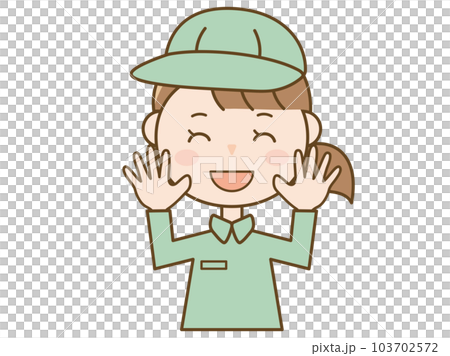 満面の笑みで両手を上げて挨拶をする作業服を着た女性作業員_配達員_清掃員のイラスト 103702572