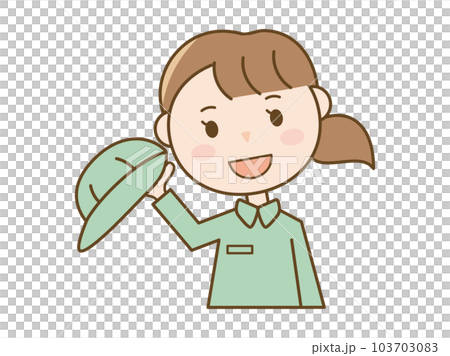 帽子を取って挨拶、お辞儀をする作業服を着た女性作業員_配達員_清掃員のイラスト 103703083