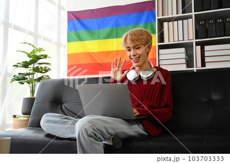 Delighted young gay man using laptop on couch in living room with LGBT pride rainbow flag on background 103703333