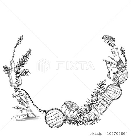 Ink hand drawn vector graphic sketch illustration. Scotland symbols circle wreath. Whisky tartan bagpipe heather scotch broom flower loch ness. Design for tourism, travel, wedding, print, fabric, card 103703864