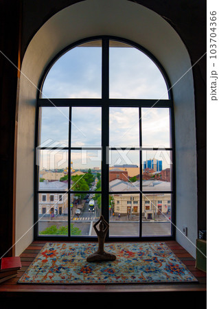 large window in retro style. View from the window on the city  103704366