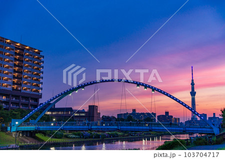 東京都】旧中川水辺公園のふれあい橋の向こうに東京スカイツリー・夕景