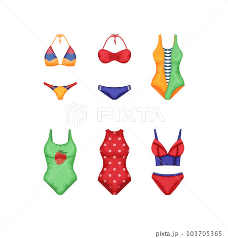 A set of swimsuits. A separate swimsuit and a one-piece swimsuit in green, red and yellow colors. Collection of colored swimsuits. Clothes for a beach holiday. Women s clothing. Vector illustration. A set of swimsuits. A separate swimsuit and a one-piece swimsuit in green, red and yellow colors. Collection of colored swimsuits. Clothes for a beach holiday. Women s clothing. Vector illustration. 103705365