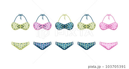 A set of swimwear in polka dots. A separate swimsuit in blue and yellow. Collection of colored swimsuits. Clothes for a beach holiday. Women s clothing. Vector illustration A set of swimwear in polka dots. A separate swimsuit in blue and yellow. Collection of colored swimsuits. Clothes for a beach holiday. Women s clothing. Vector illustration 103705391