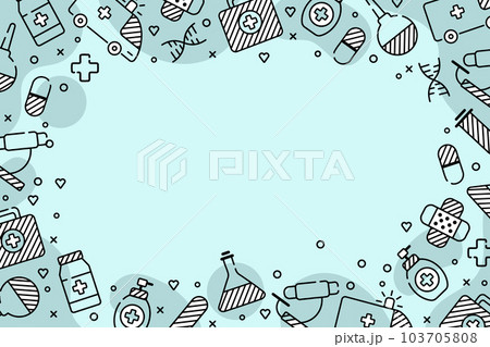 blue medical background with traditional symbols of medicine located on the edges of the background 103705808