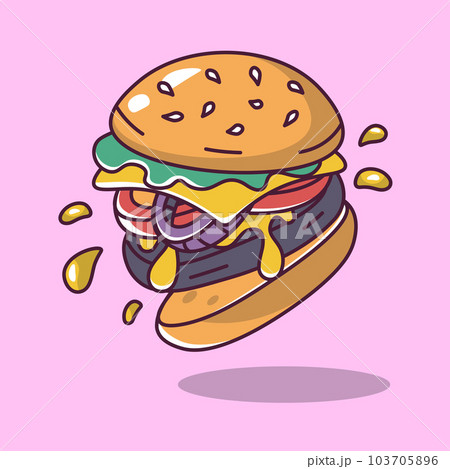 opened burger with tomato and onion cartoon style illustration vector illustration 103705896