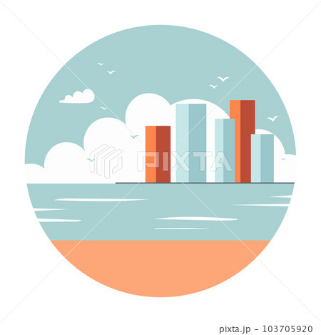 Sea coast and beach. Seagulls in the sky. City on horizon. Round illustration Sea coast and beach. Seagulls in the sky. City on horizon. Round illustration 103705920