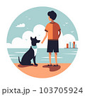 Guy with his pet. Boy and dog spending time together on beach. 103705924