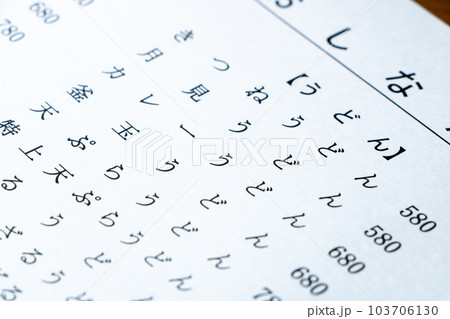 大衆食堂のお品書きの「うどん」メニュー部分のアップ。 大衆食堂のお品書きの「うどん」メニュー部分のアップ。 103706130