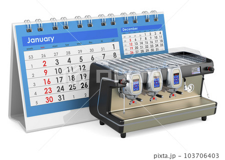 Espresso coffee machine professional with desk calendar. 3D rendering 103706403