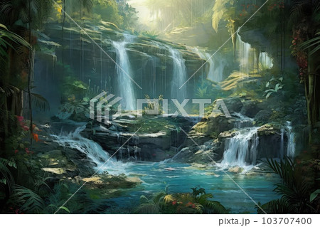 Waterfall ruin photo realistic illustration - Generative AI. 103707400