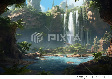 Waterfall ruin photo realistic illustration - Generative AI. 103707402