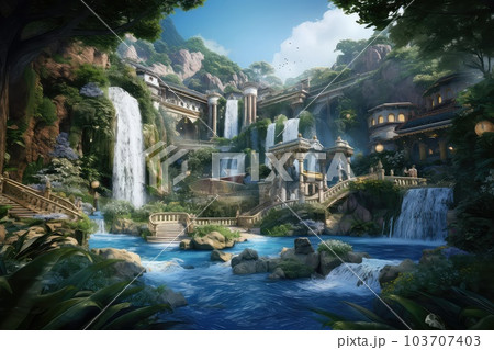 Waterfall ruin photo realistic illustration - Generative AI. 103707403