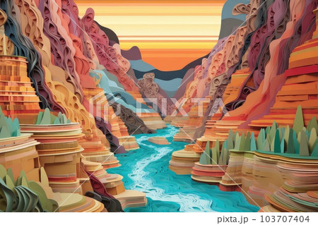Canyon river papercut illustration - Generative AI. 103707404