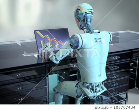 A humanoid robot working with laptop studying economy chart, conceptual 3D illustration 103707434
