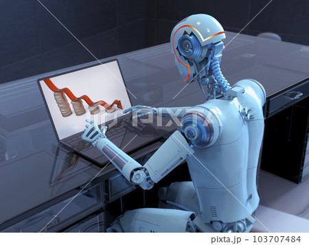 A humanoid robot working with laptop studying economy chart, conceptual 3D illustration A humanoid robot working with laptop studying economy chart, conceptual 3D illustration 103707484
