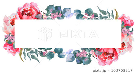 Watercolor horizontal frame, template, pink and white peonies, eucalyptus branches. Hand drawn botanical illustration isolated on white background. For invitations, save the date, wedding. Watercolor horizontal frame, template, pink and white peonies, eucalyptus branches. Hand drawn botanical illustration isolated on white background. For invitations, save the date, wedding. 103708217