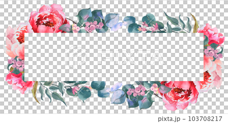 Watercolor horizontal frame, template, pink and white peonies, eucalyptus branches. Hand drawn botanical illustration isolated on white background. For invitations, save the date, wedding. Watercolor horizontal frame, template, pink and white peonies, eucalyptus branches. Hand drawn botanical illustration isolated on white background. For invitations, save the date, wedding. 103708217