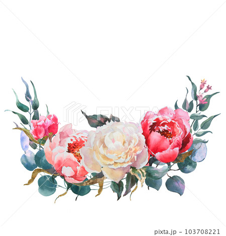 Pink and white flowers peonies watercolor and eucaliptus leaves, floral clip art. Bouquet perfectly for printing design on invitations, cards, wall art and other. Isolated on white background. Pink and white flowers peonies watercolor and eucaliptus leaves, floral clip art. Bouquet perfectly for printing design on invitations, cards, wall art and other. Isolated on white background. 103708221