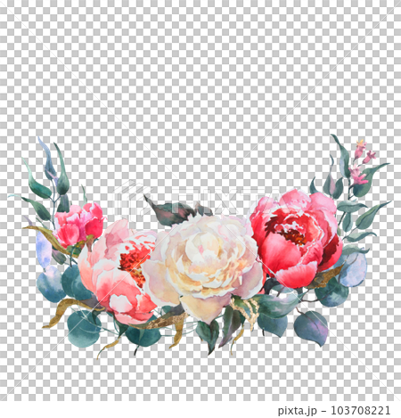 Pink and white flowers peonies watercolor and eucaliptus leaves, floral clip art. Bouquet perfectly for printing design on invitations, cards, wall art and other. Isolated on white background. Pink and white flowers peonies watercolor and eucaliptus leaves, floral clip art. Bouquet perfectly for printing design on invitations, cards, wall art and other. Isolated on white background. 103708221