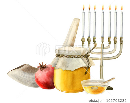 Rosh Hashanah symbols horizontal greeting banner with honey jar, menorah, shofar horn and pomegranate watercolor illustration isolated on white background 103708222